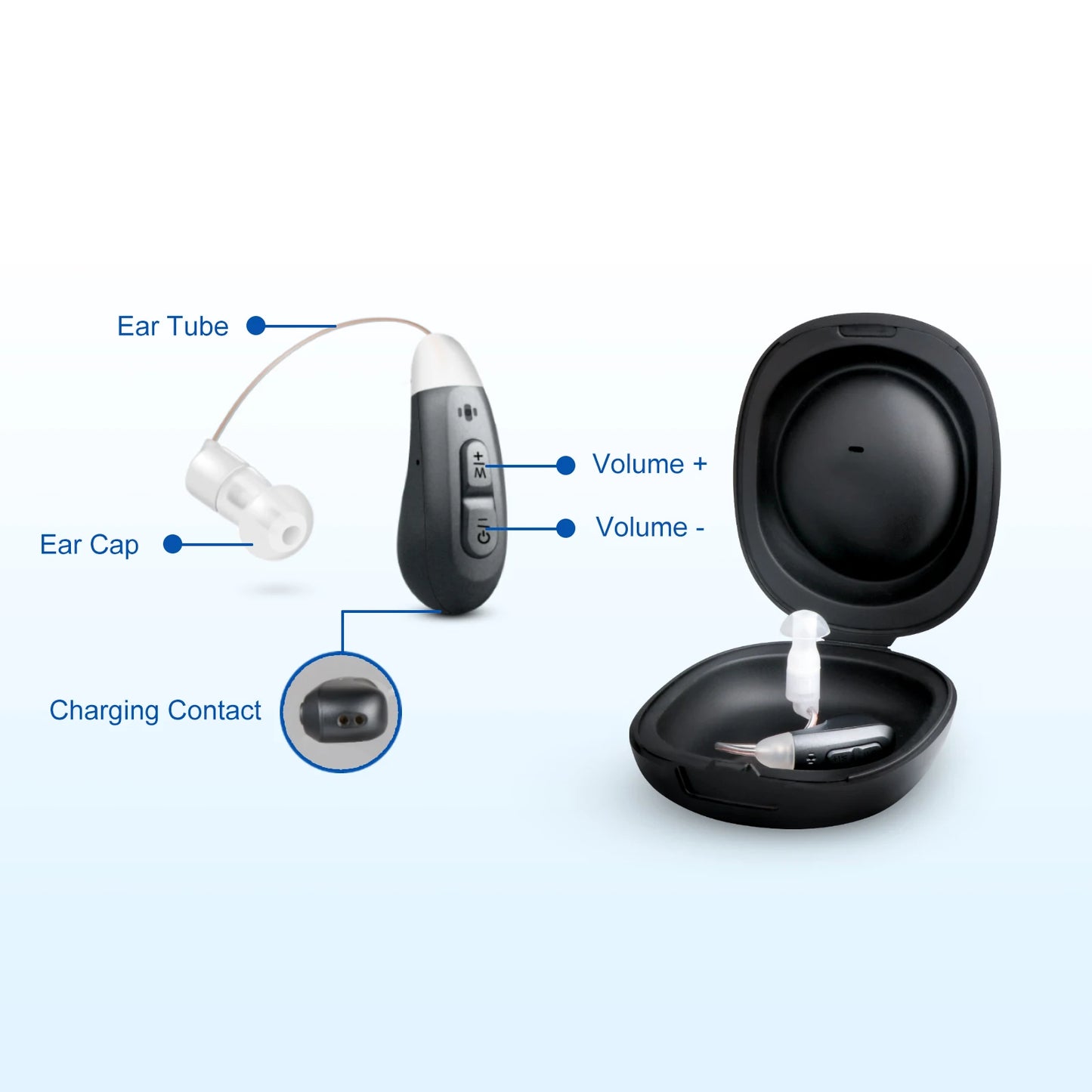 JINGHAO 1Pair Rechargeable Hearing Aids BTE Hearing Amplifier with Charger Dock Sound Device Elderly Talker Grey