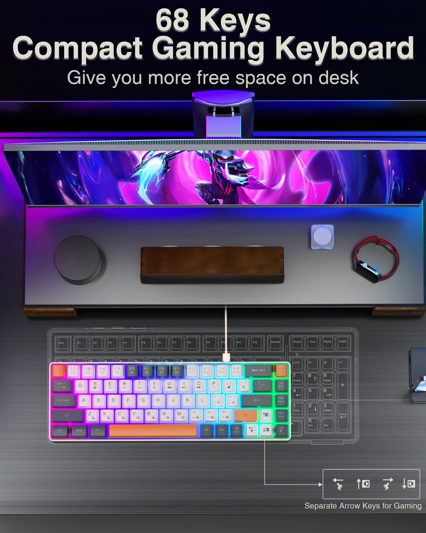 SOLAKAKA Sk968 Gaming Keyboard 68 keys N- Key Rollover RGB Backlight